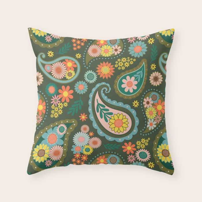 Retro Paisley Floral - Multicolored on Olive Green Throw Pillow Gallery Image 6