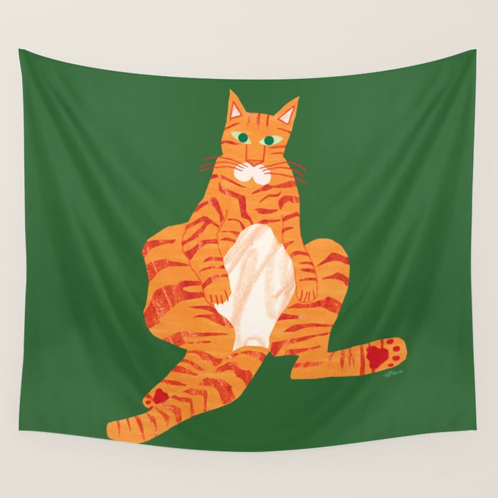 Chill Cat in Orange & Green Wall Tapestry Gallery Image 4