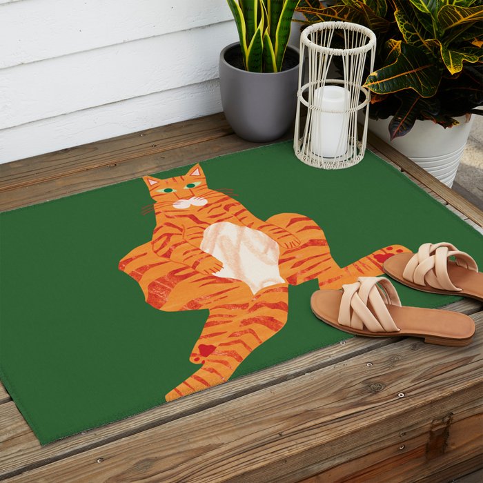 Chill Cat in Orange & Green Outdoor Rug Gallery Image 2