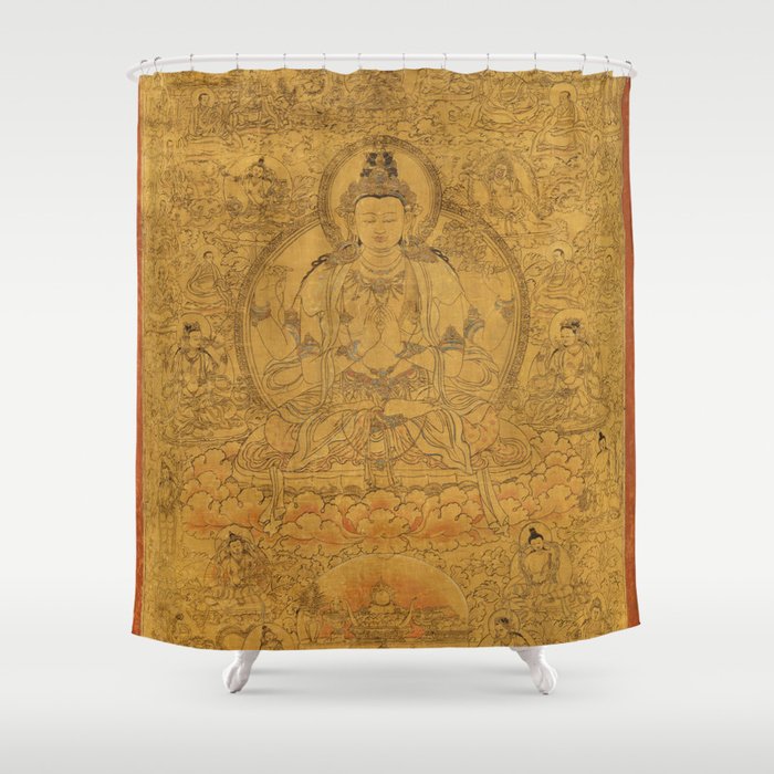 Buddhist Thangka Avalokiteshvara Shadakshari-Lokeshvara Shower Curtain Gallery Image 1