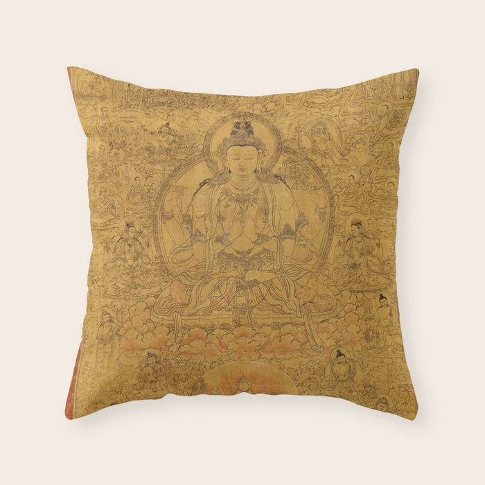 Buddhist Thangka Avalokiteshvara Shadakshari-Lokeshvara Throw Pillow Gallery Image 1