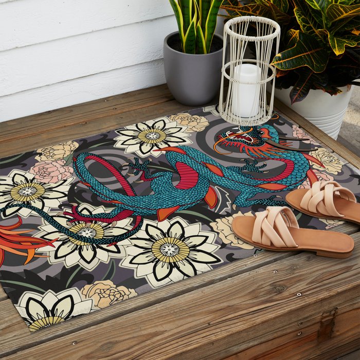 dragon tattoo dark Outdoor Rug Gallery Image 2