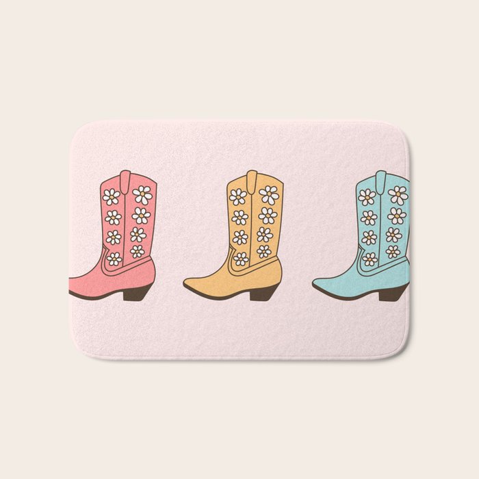 Cowgirl Boots and Daisies, Blush Pink, Mint, Cute Pastel Cowboy Pattern Bath Mat Gallery Image 1