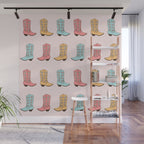 Cowgirl Boots and Daisies, Blush Pink, Mint, Cute Pastel Cowboy Pattern Wall Mural Gallery Image 1