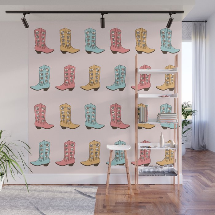 Cowgirl Boots and Daisies, Blush Pink, Mint, Cute Pastel Cowboy Pattern Wall Mural Gallery Image 1