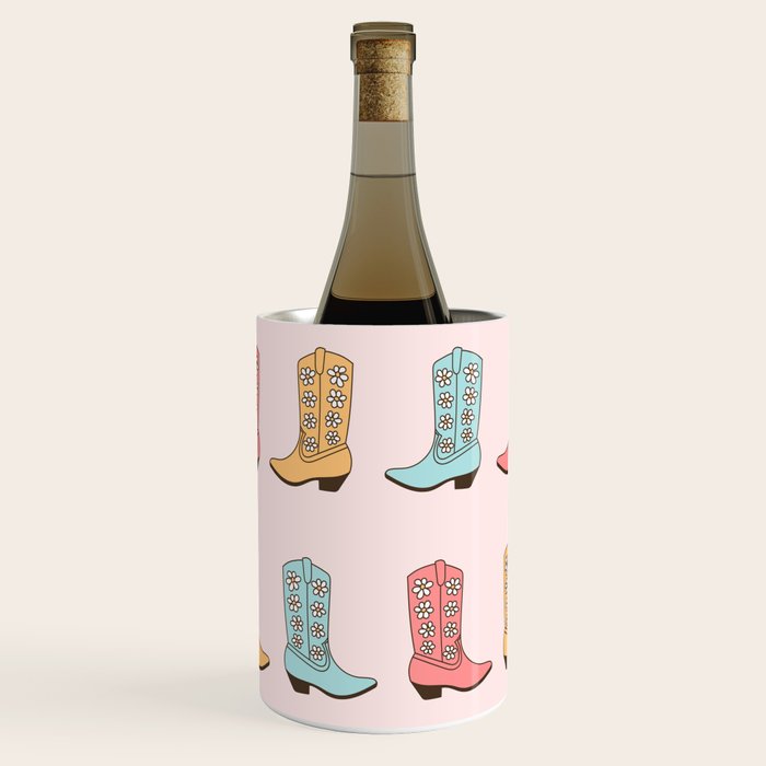 Cowgirl Boots and Daisies, Blush Pink, Mint, Cute Pastel Cowboy Pattern Wine Chiller Gallery Image 1