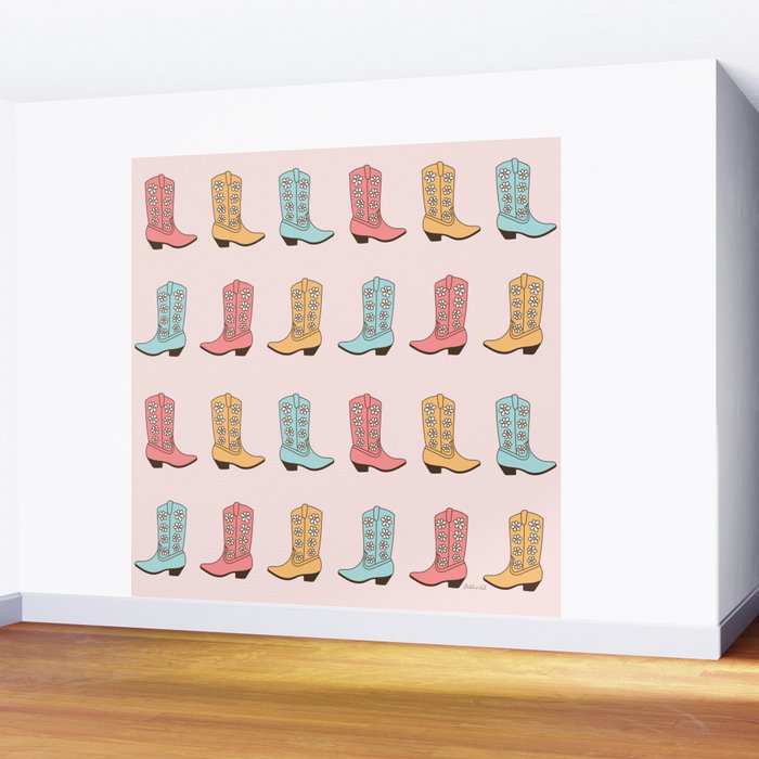 Cowgirl Boots and Daisies, Blush Pink, Mint, Cute Pastel Cowboy Pattern Wall Mural Gallery Image 2