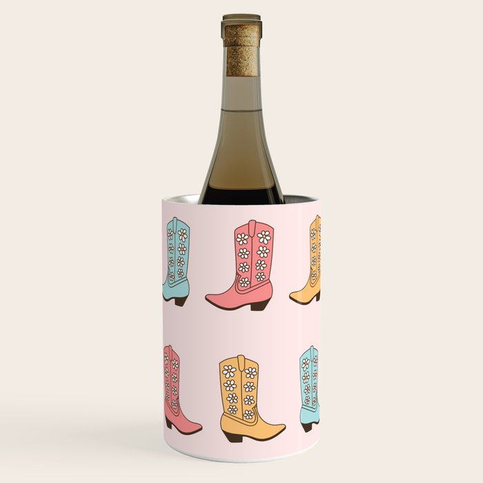 Cowgirl Boots and Daisies, Blush Pink, Mint, Cute Pastel Cowboy Pattern Wine Chiller Gallery Image 3