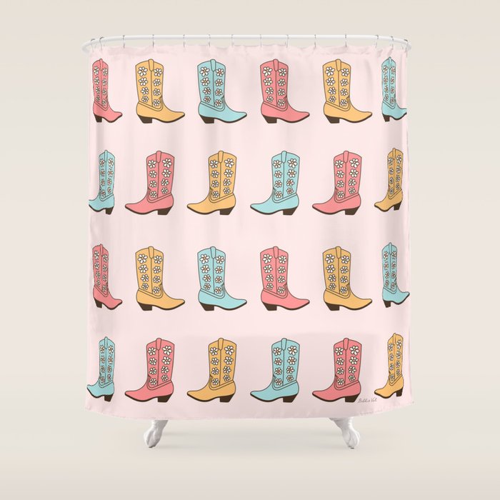Cowgirl Boots and Daisies, Blush Pink, Mint, Cute Pastel Cowboy Pattern Shower Curtain Gallery Image 1