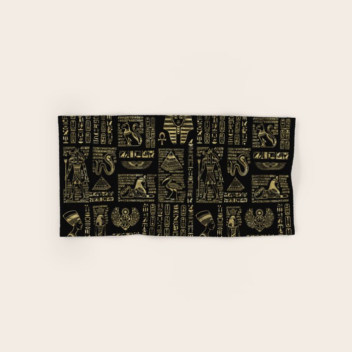 Egyptian hieroglyphs and deities gold on black Bath Towel Gallery Image 1