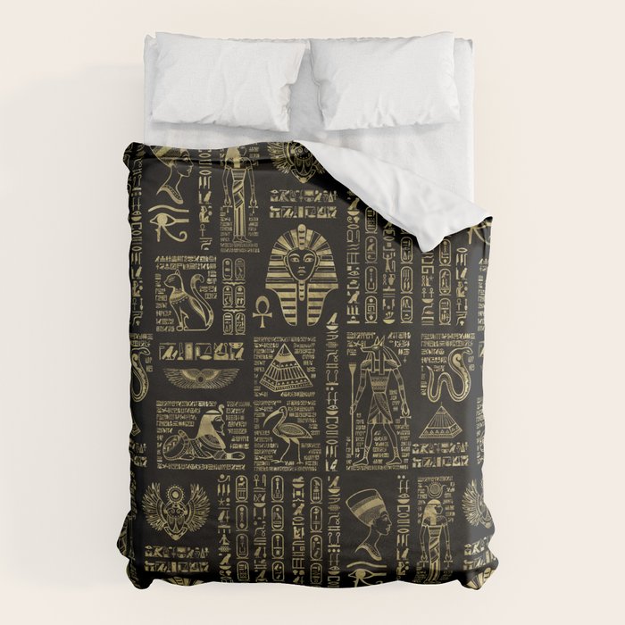 Egyptian hieroglyphs and deities gold on black Duvet Cover Gallery Image 6