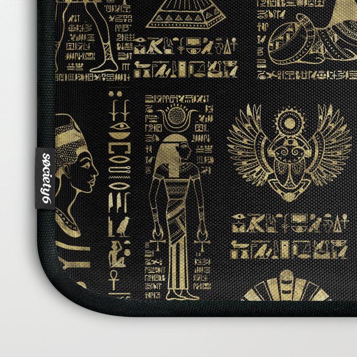 Egyptian hieroglyphs and deities gold on black Laptop Sleeve Gallery Image 3