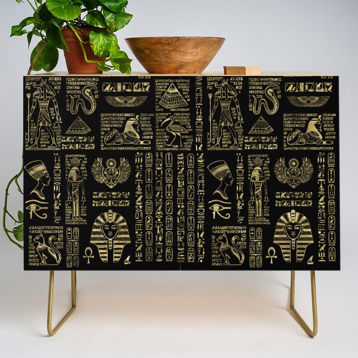 Egyptian hieroglyphs and deities gold on black Credenza Gallery Image 1
