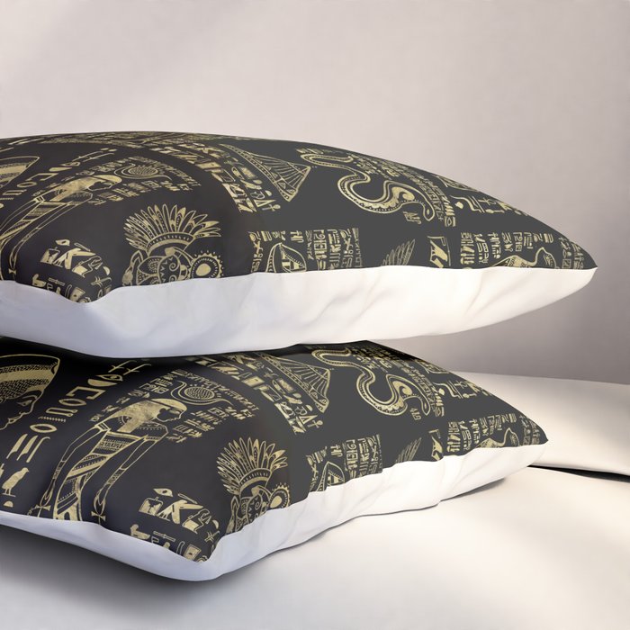Egyptian hieroglyphs and deities gold on black Pillow Sham Gallery Image 3
