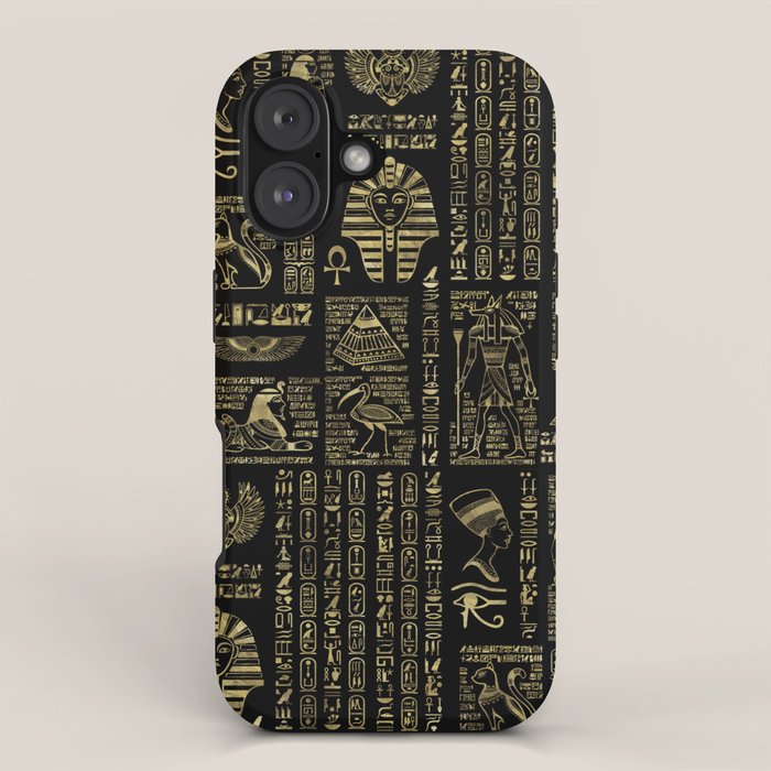 Egyptian hieroglyphs and deities gold on black iPhone Case Gallery Image 1