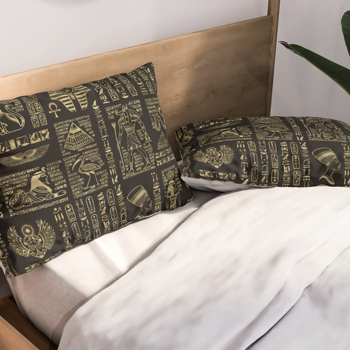 Egyptian hieroglyphs and deities gold on black Pillow Sham Gallery Image 2