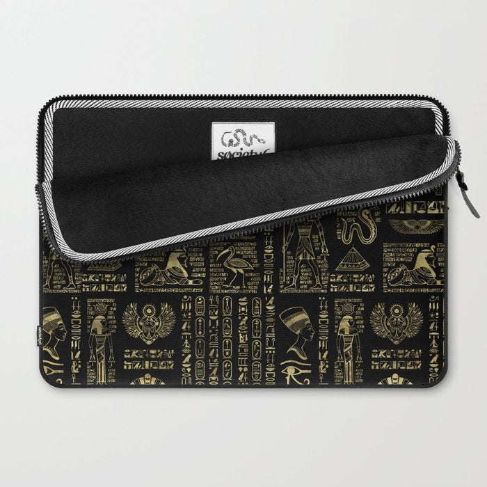 Egyptian hieroglyphs and deities gold on black Laptop Sleeve Gallery Image 2