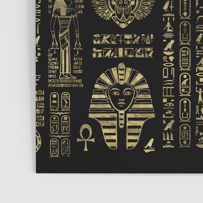 Egyptian hieroglyphs and deities gold on black Poster Gallery Image 3