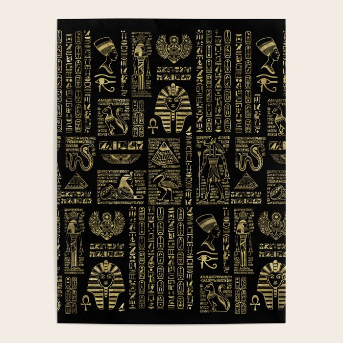 Egyptian hieroglyphs and deities gold on black Poster Gallery Image 4