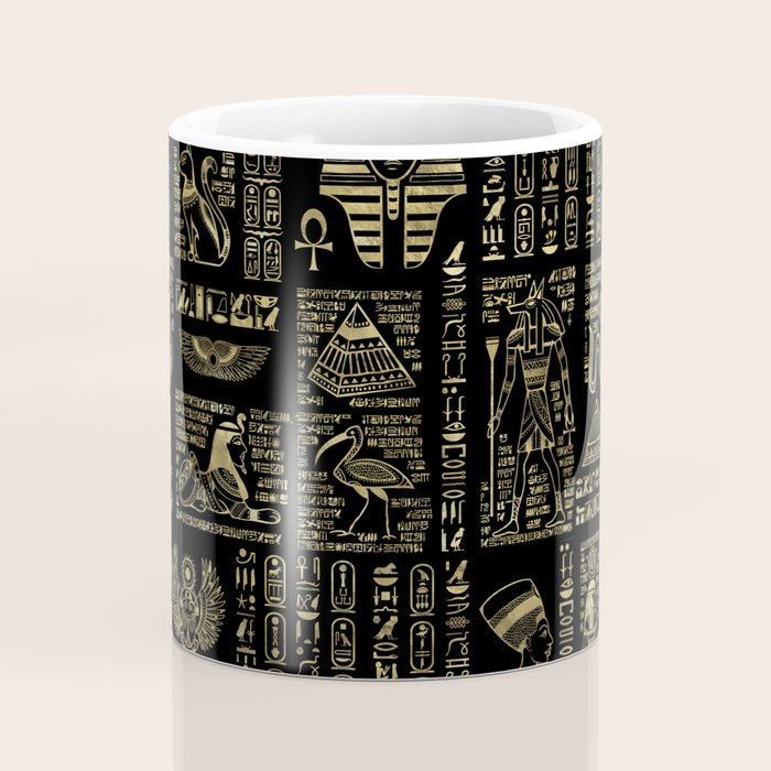 Egyptian hieroglyphs and deities gold on black Coffee Mug Gallery Image 4