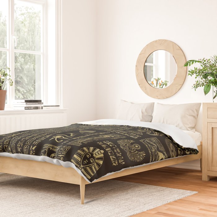 Egyptian hieroglyphs and deities gold on black Duvet Cover Gallery Image 2