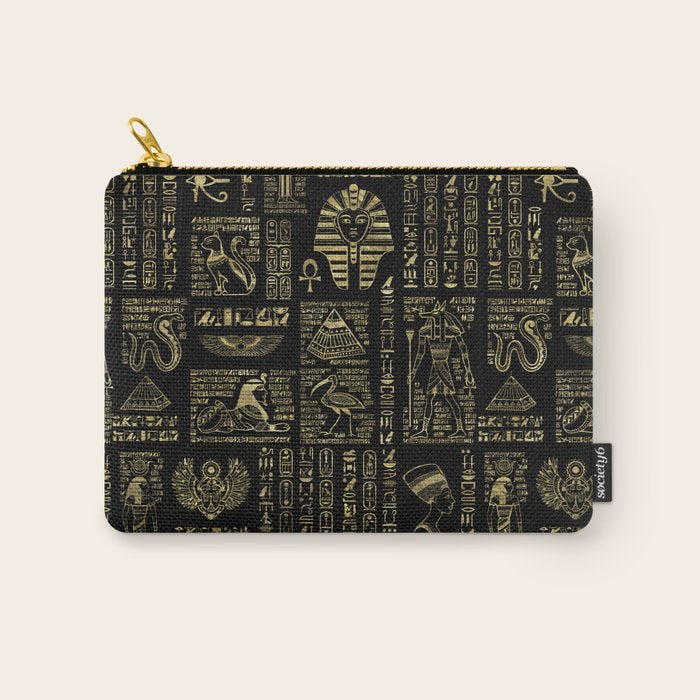 Egyptian hieroglyphs and deities gold on black Carry All Pouch Gallery Image 1
