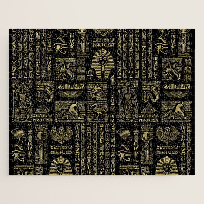Egyptian hieroglyphs and deities gold on black Jigsaw Puzzle Gallery Image 1
