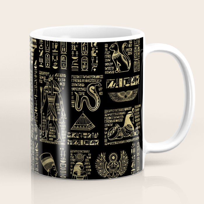 Egyptian hieroglyphs and deities gold on black Coffee Mug Gallery Image 1