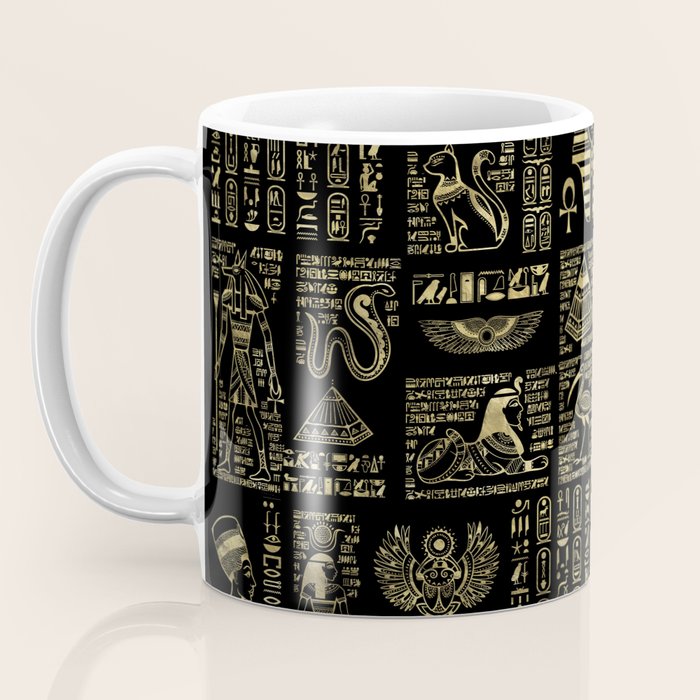 Egyptian hieroglyphs and deities gold on black Coffee Mug Gallery Image 3