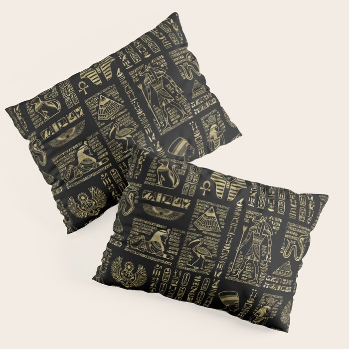 Egyptian hieroglyphs and deities gold on black Pillow Sham Gallery Image 3