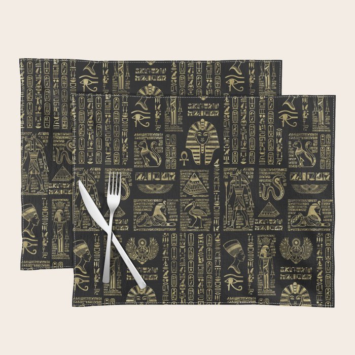 Egyptian hieroglyphs and deities gold on black Placemat Gallery Image 1