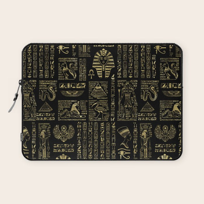 Egyptian hieroglyphs and deities gold on black Laptop Sleeve Gallery Image 1