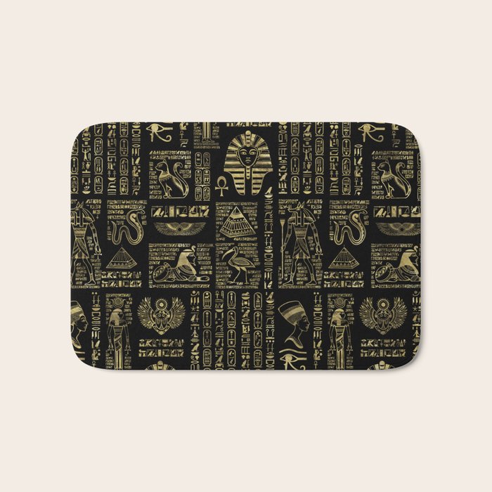 Egyptian hieroglyphs and deities gold on black Bath Mat Gallery Image 1