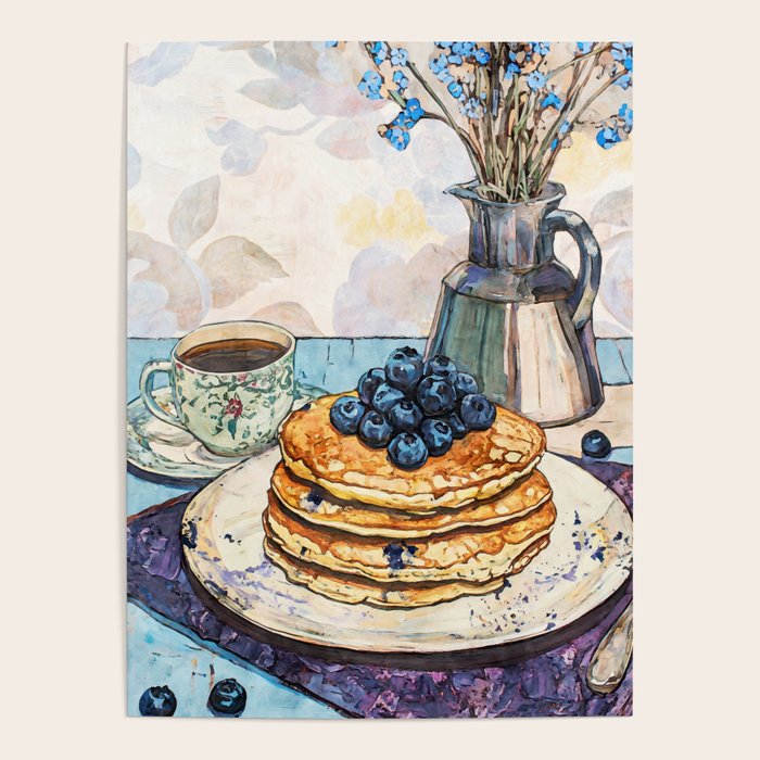 Blueberry Pancakes and Coffee Watercolor Breakfast Still Life Poster Gallery Image 4