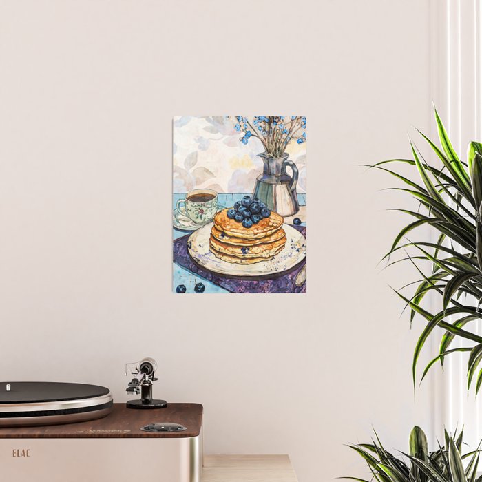 Blueberry Pancakes and Coffee Watercolor Breakfast Still Life Poster Gallery Image 2