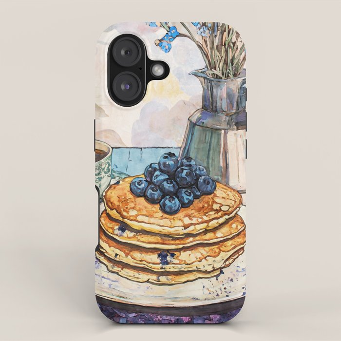 Blueberry Pancakes And Coffee Watercolor Breakfast Still Life Iphone Case