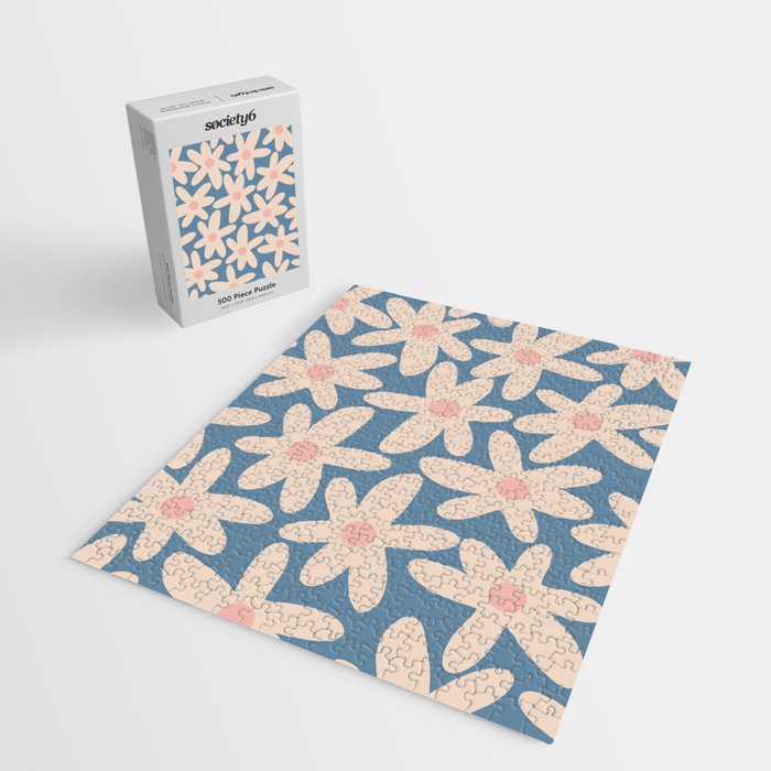 Daisy Time Retro Floral Pattern in Medium Blue and Pale Blush Jigsaw Puzzle Gallery Image 2