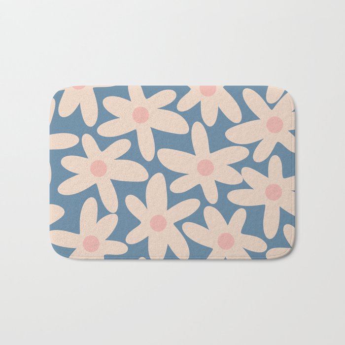 Daisy Time Retro Floral Pattern in Medium Blue and Pale Blush Bath Mat Gallery Image 1