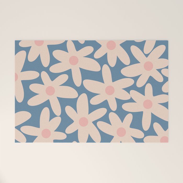 Daisy Time Retro Floral Pattern in Medium Blue and Pale Blush Welcome Mat Gallery Image 1