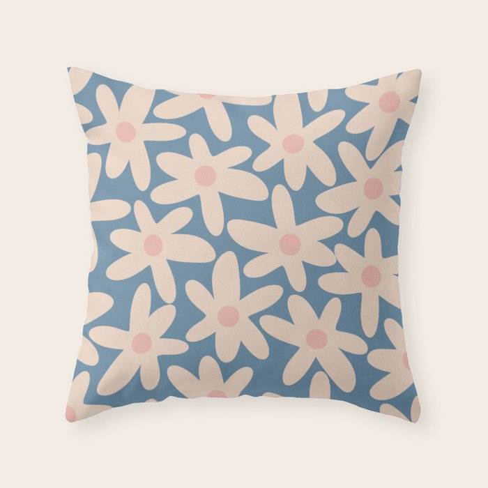Daisy Time Retro Floral Pattern in Medium Blue and Pale Blush Throw Pillow Gallery Image 6