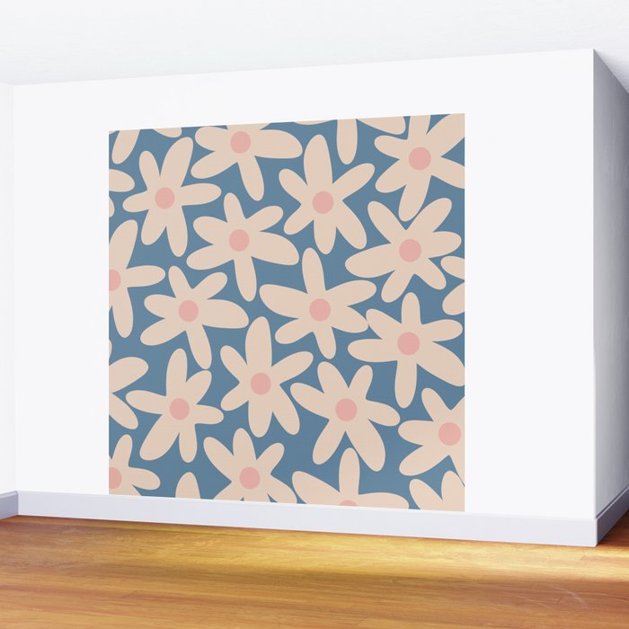 Daisy Time Retro Floral Pattern in Medium Blue and Pale Blush Wall Mural Gallery Image 2