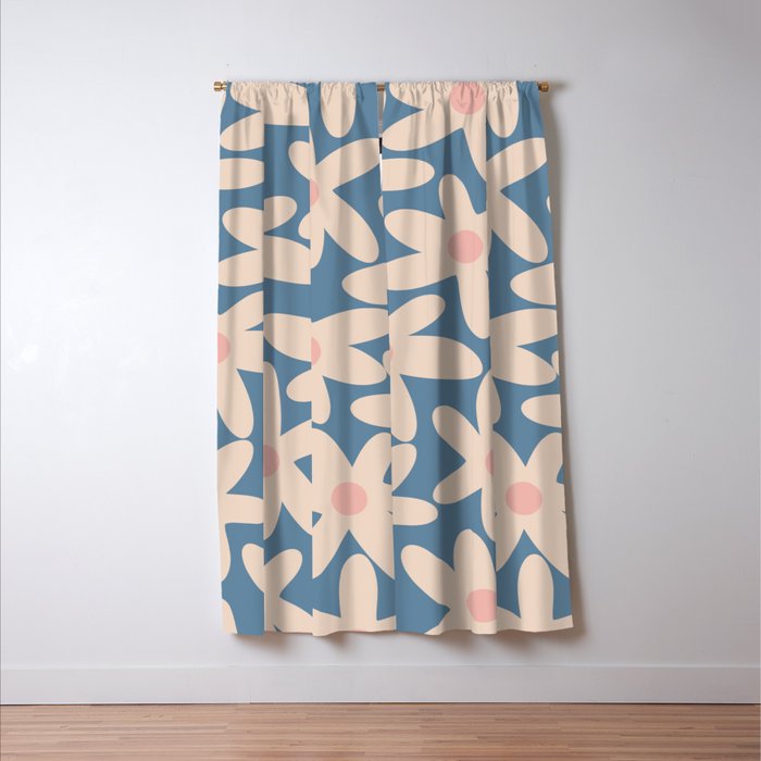 Daisy Time Retro Floral Pattern in Medium Blue and Pale Blush Window Curtain Gallery Image 3