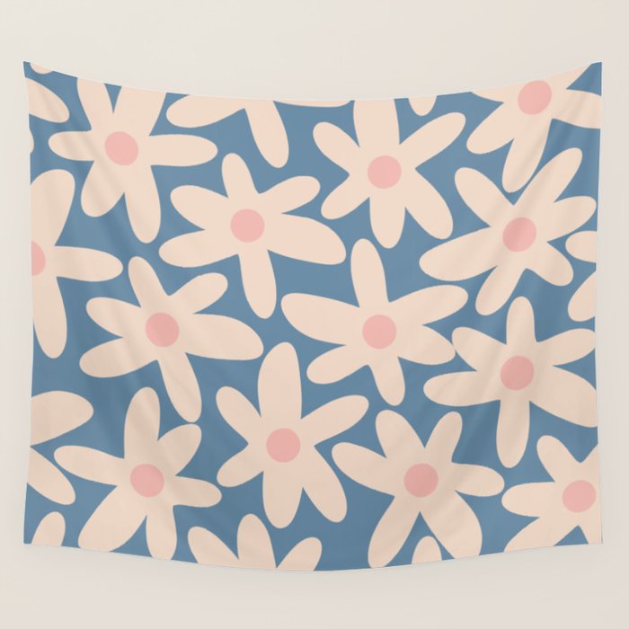 Daisy Time Retro Floral Pattern in Medium Blue and Pale Blush Wall Tapestry Gallery Image 4