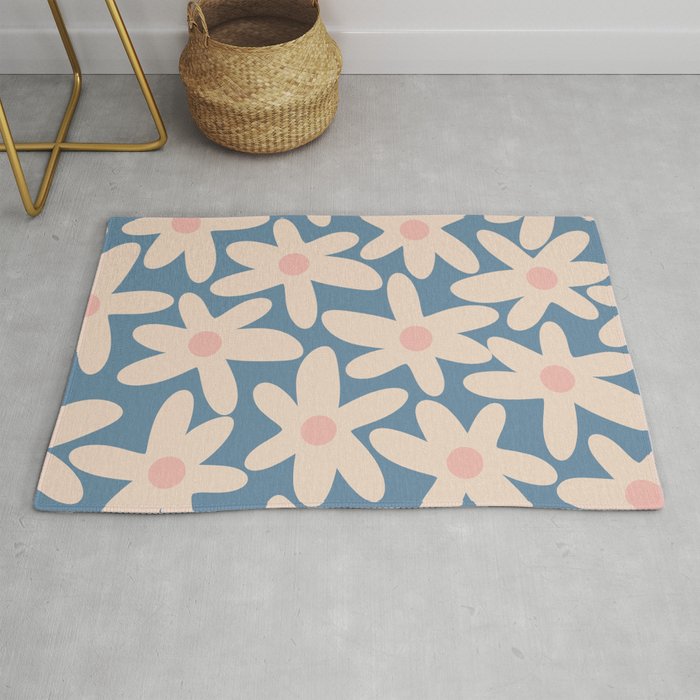Daisy Time Retro Floral Pattern in Medium Blue and Pale Blush Rug Gallery Image 1