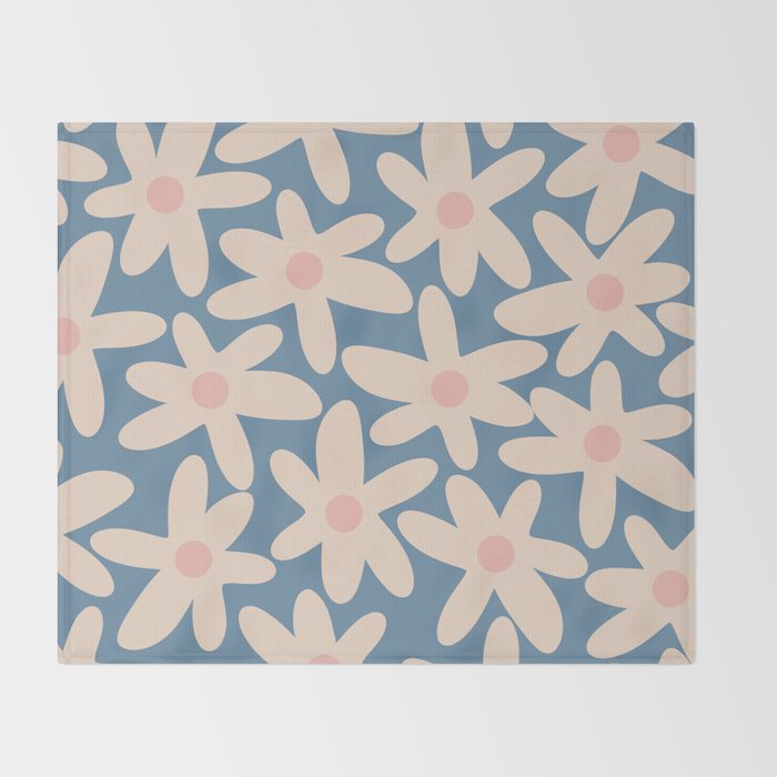 Daisy Time Retro Floral Pattern in Medium Blue and Pale Blush Throw Blanket Gallery Image 2