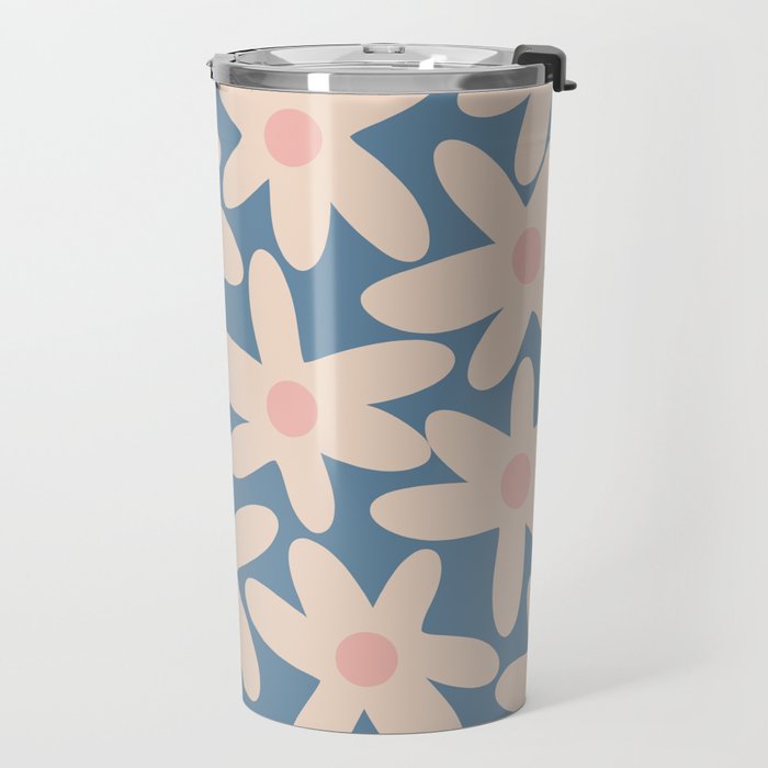 Daisy Time Retro Floral Pattern in Medium Blue and Pale Blush Travel Mug Gallery Image 2