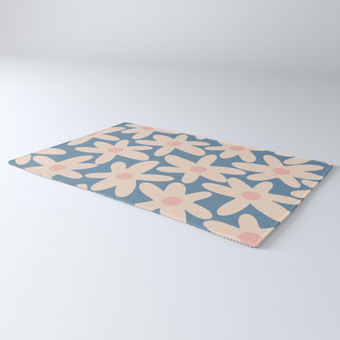 Daisy Time Retro Floral Pattern in Medium Blue and Pale Blush Rug Gallery Image 3