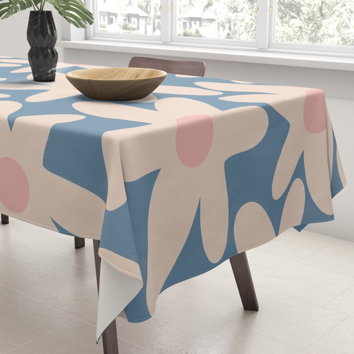 Daisy Time Retro Floral Pattern in Medium Blue and Pale Blush Tablecloth Gallery Image 3