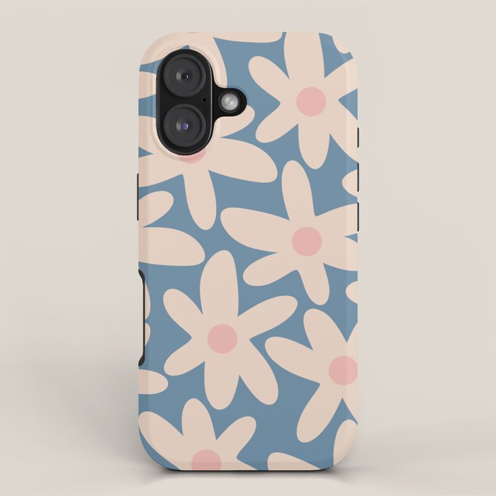 Daisy Time Retro Floral Pattern in Medium Blue and Pale Blush iPhone Case Gallery Image 1
