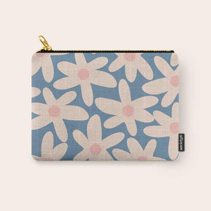 Daisy Time Retro Floral Pattern in Medium Blue and Pale Blush Carry All Pouch Gallery Image 1